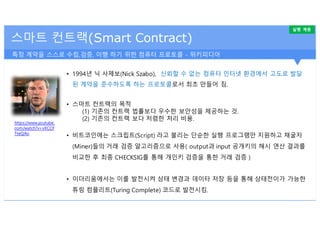 스마트 컨트랙(Smart Contract)
• 1994년 닉 사제보(Nick Szabo), 신뢰할 수 없는 컴퓨터 인터넷 환경에서 고도로 발달
된 계약을 준수하도록 하는 프로토콜로서 최초 만들어 짐.
• 스마트 컨트랙의...