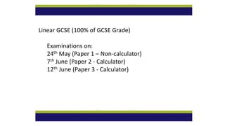 Linear GCSE (100% of GCSE Grade)
Examinations on:
24th May (Paper 1 – Non-calculator)
7th June (Paper 2 - Calculator)
12th June (Paper 3 - Calculator)
 
