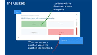 The Quizzes
When you answer a
question wrong, the
question box will go red…
…and you will see
the correct answer
turn green.
 