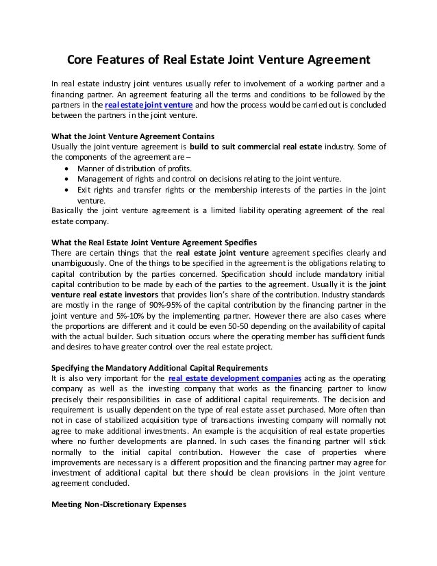 Core features of real estate joint venture agreement