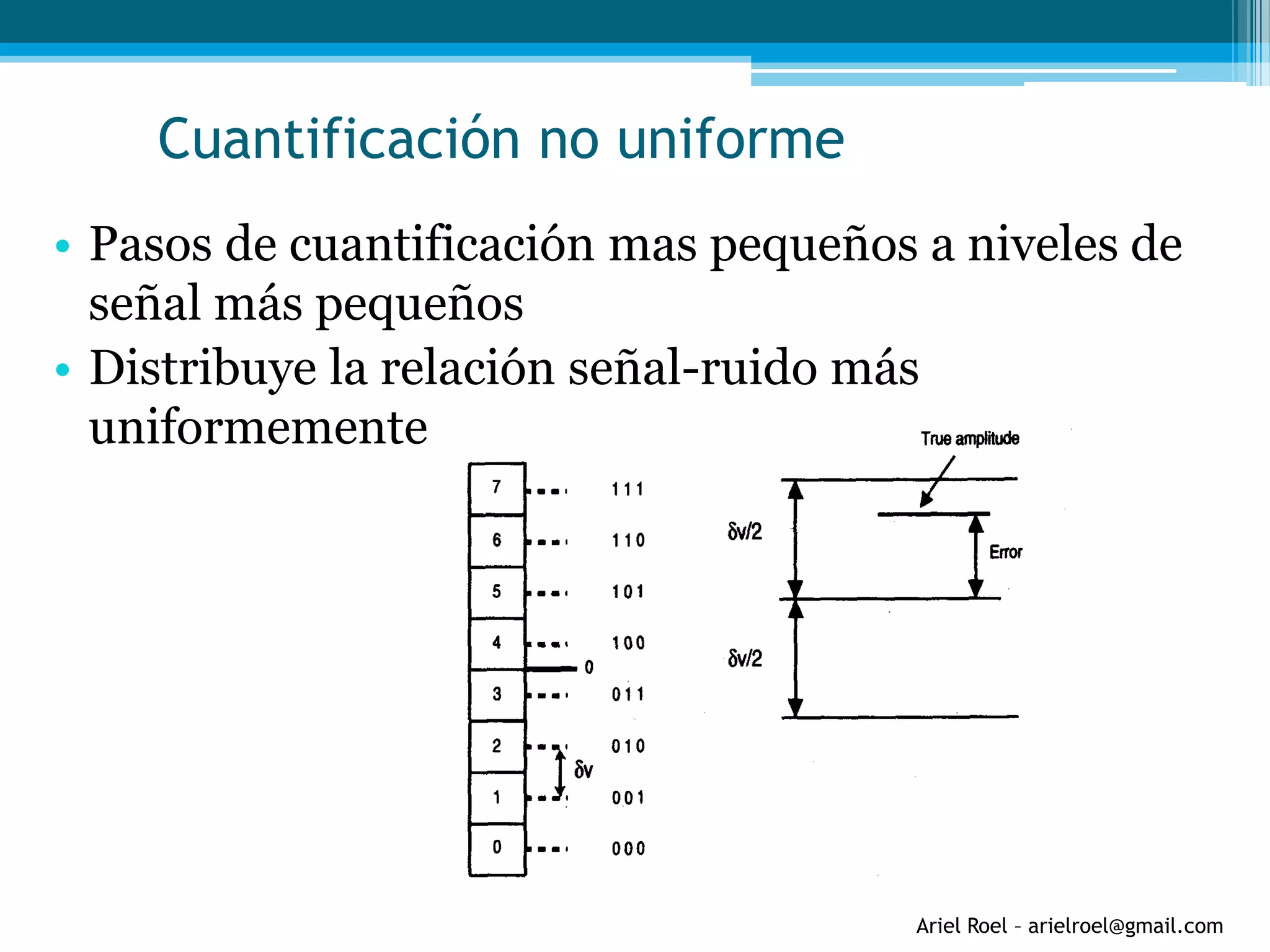 Ariel Roel – arielroel@gmail.com
Cuantificación no uniforme
• Pasos de cuantificación mas pequeños a niveles de
señal más pequeños
• Distribuye la relación señal-ruido más
uniformemente
 