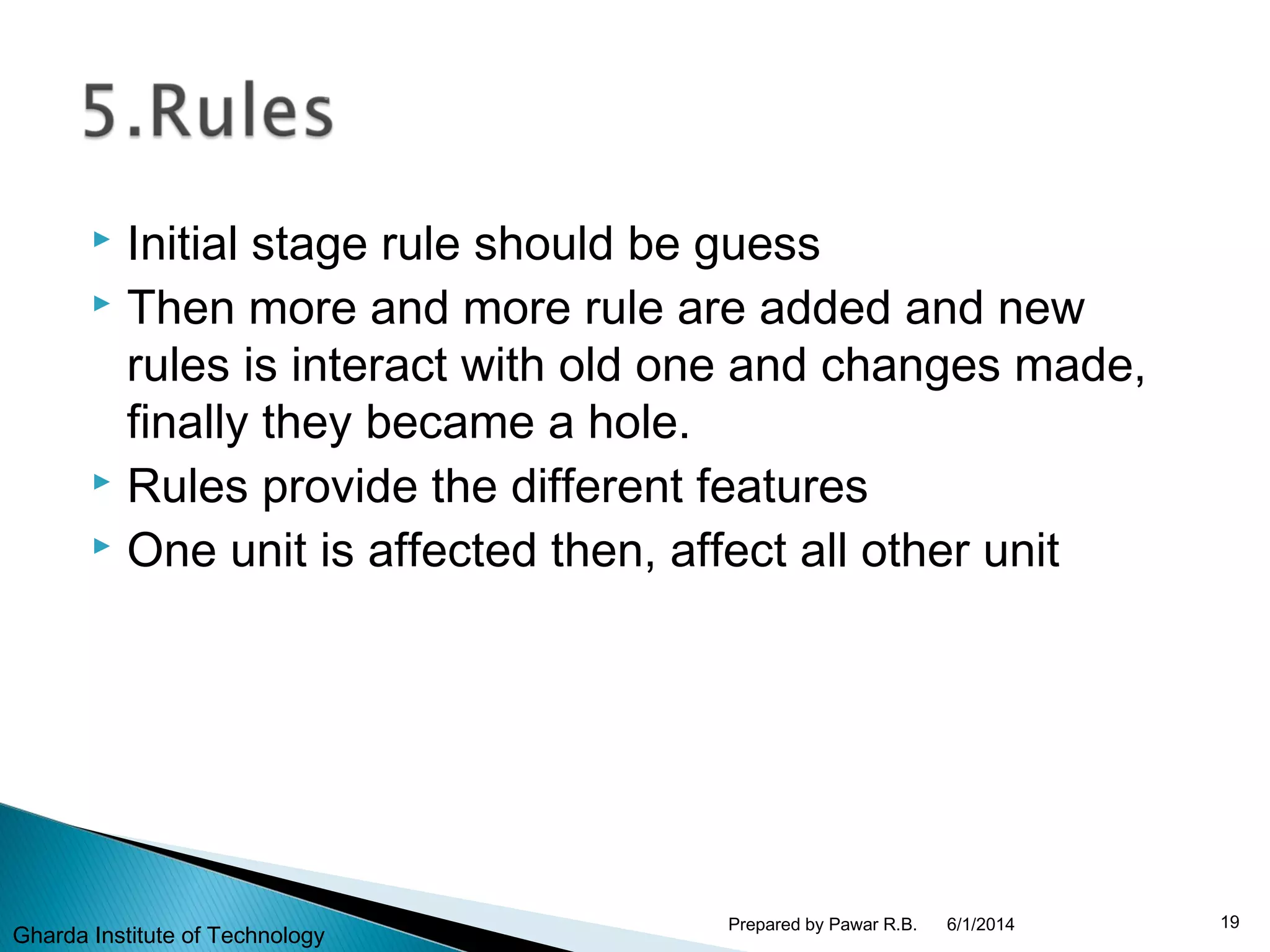  Initial stage rule should be guess
 Then more and more rule are added and new
rules is interact with old one and changes made,
finally they became a hole.
 Rules provide the different features
 One unit is affected then, affect all other unit
6/1/2014 19Prepared by Pawar R.B.
Gharda Institute of Technology
 