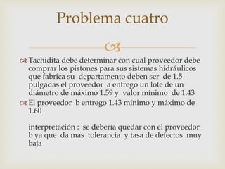 
 Tachidita debe determinar con cual proveedor debe
comprar los pistones para sus sistemas hidráulicos
que fabrica su departamento deben ser de 1.5
pulgadas el proveedor a entrego un lote de un
diámetro de máximo 1.59 y valor mínimo de 1.43
 El proveedor b entrego 1.43 mínimo y máximo de
1.60
interpretación : se debería quedar con el proveedor
b ya que da mas tolerancia y tasa de defectos muy
baja
Problema cuatro
 