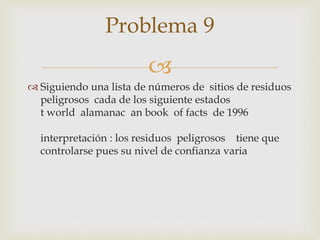 
 Siguiendo una lista de números de sitios de residuos
peligrosos cada de los siguiente estados
t world alamanac an book of facts de 1996
interpretación : los residuos peligrosos tiene que
controlarse pues su nivel de confianza varia
Problema 9
 
