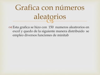 
 Esta grafica se hizo con 150 numeros aleatrorios en
excel y quedo de la siguiente manera distribuido se
empleo diversos funciones de minitab
Grafica con números
aleatorios
 