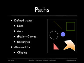 Paths
  •       Deﬁned shapes

      •     Lines

      •     Arcs

      •     (Bezier) Curves

      •     Rectangles

  •       Also used for

      •     Clipping

CG & CA                19/11/2011 - Barcelona Develper Conference   @aquarioverde
 