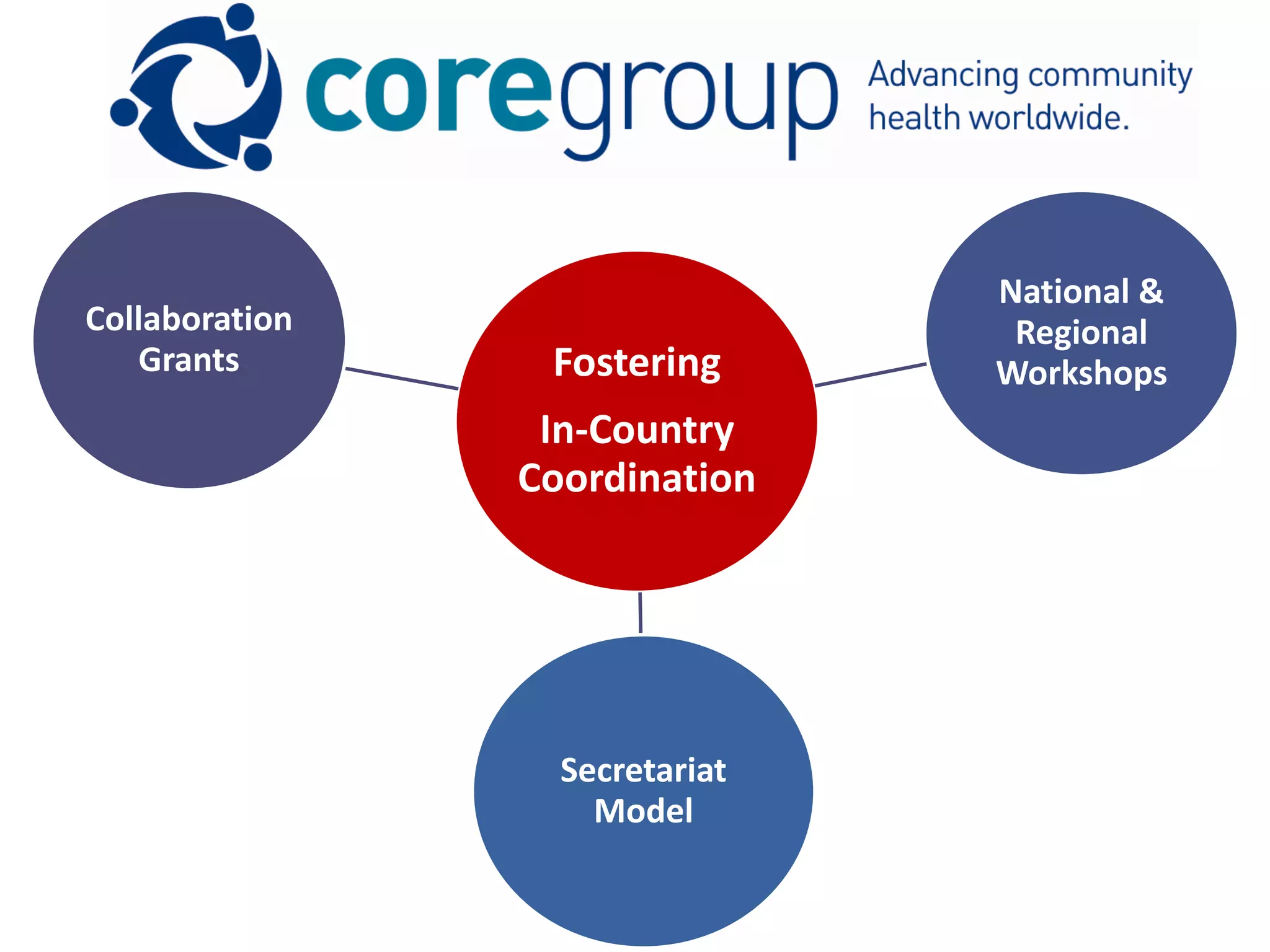 National &
Collaboration                    Regional
   Grants        Fostering      Workshops
                 In-Country
                Coordination




                  Secretariat
                    Model
 