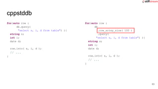 cppstddb
for(auto row :
db.query(
"select s, i, d from table") ){
string s;
int i;
date d;
row.into( s, i, d );
// ...
}
for(auto row :
db
.row_array_size( 100 )
.query(
"select s, i, d from table") ){
string s;
int i;
date d;
row.into( s, i, d );
// ...
}
63
 