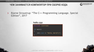 3
Bjarne Stroustrup “The C++ Programming Language. Special
Edition”, 2017
COREHARD // ПОЧЕМУ C++ ПРОЕКТЫ СОБИРАЮТСЯ ТАК ДОЛГО?
LAPITSKY ARTEM // COREHARD // 2017.10.14
ЧЕМ ЗАНИМАЕТСЯ КОМПИЛЯТОР ПРИ СБОРКЕ КОДА
#include <iostream>
int main()
{
std::cout << "Hello, World!n";
}
hello.cpp
 