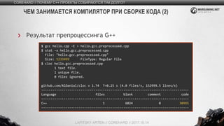 4
Результат препроцессинга G++
COREHARD // ПОЧЕМУ C++ ПРОЕКТЫ СОБИРАЮТСЯ ТАК ДОЛГО?
LAPITSKY ARTEM // COREHARD // 2017.10.14
ЧЕМ ЗАНИМАЕТСЯ КОМПИЛЯТОР ПРИ СБОРКЕ КОДА (2)
$ gcc hello.cpp -E > hello.gcc.preprocessed.cpp
$ stat -x hello.gcc.preprocessed.cpp
File: "hello.gcc.preprocessed.cpp"
Size: 1233499 FileType: Regular File
$ cloc hello.gcc.preprocessed.cpp
1 text file.
1 unique file.
0 files ignored.
github.com/AlDanial/cloc v 1.74 T=0.25 s (4.0 files/s, 152999.5 lines/s)
-------------------------------------------------------------------------------
Language files blank comment code
-------------------------------------------------------------------------------
C++ 1 6824 0 30995
-------------------------------------------------------------------------------
 