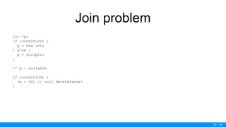 / 50
Join problem
int *p;
if (condition) {
p = new int;
} else {
p = nullptr;
}
// p - nullable
if (condition) {
*p = 42; // null dereference?
}
26
 