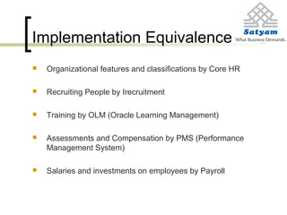 Implementation Equivalence
 Organizational features and classifications by Core HR
 Recruiting People by Irecruitment
 Training by OLM (Oracle Learning Management)
 Assessments and Compensation by PMS (Performance
Management System)
 Salaries and investments on employees by Payroll
 