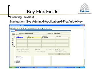 Key Flex Fields
Creating Flexfield
Navigation: Sys Admin.ApplicationFlexfieldKey
 