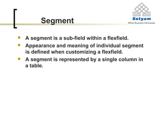 Segment
 A segment is a sub-field within a flexfield.
 Appearance and meaning of individual segment
is defined when customizing a flexfield.
 A segment is represented by a single column in
a table.
 