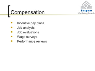 Compensation
 Incentive pay plans
 Job analysis
 Job evaluations
 Wage surveys
 Performance reviews
 
