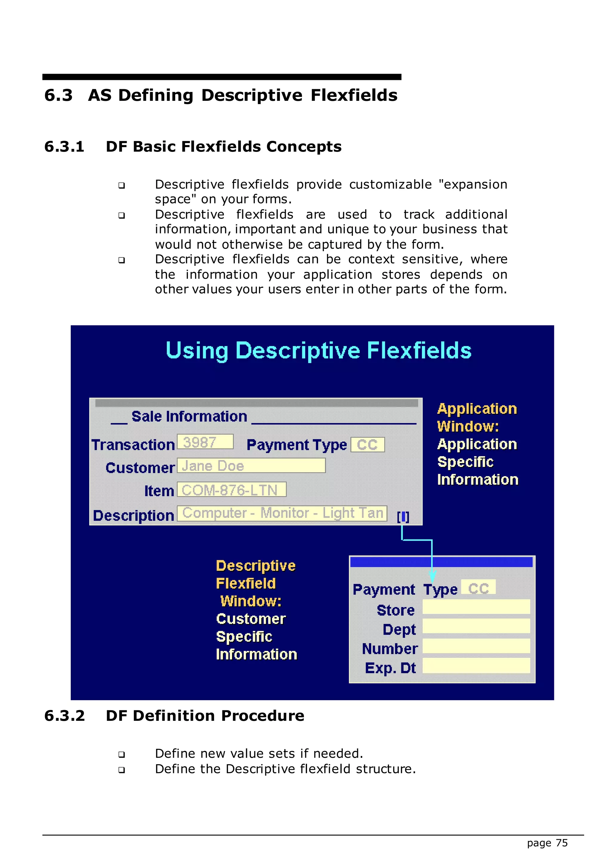 page 75
6.3 AS Defining Descriptive Flexfields
6.3.1 DF Basic Flexfields Concepts
 Descriptive flexfields provide customizable "expansion
space" on your forms.
 Descriptive flexfields are used to track additional
information, important and unique to your business that
would not otherwise be captured by the form.
 Descriptive flexfields can be context sensitive, where
the information your application stores depends on
other values your users enter in other parts of the form.
6.3.2 DF Definition Procedure
 Define new value sets if needed.
 Define the Descriptive flexfield structure.
 
