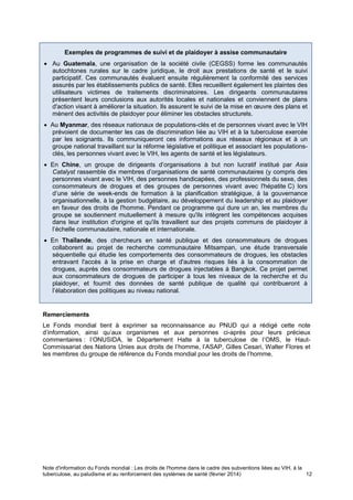 Note d'information du Fonds mondial : Les droits de l'homme dans le cadre des subventions liées au VIH, à la
tuberculose, au paludisme et au renforcement des systèmes de santé (février 2014) 12
Remerciements
Le Fonds mondial tient à exprimer sa reconnaissance au PNUD qui a rédigé cette note
d’information, ainsi qu’aux organismes et aux personnes ci-après pour leurs précieux
commentaires : l’ONUSIDA, le Département Halte à la tuberculose de l’OMS, le Haut-
Commissariat des Nations Unies aux droits de l’homme, l’ASAP, Gilles Cesari, Walter Flores et
les membres du groupe de référence du Fonds mondial pour les droits de l’homme.
Exemples de programmes de suivi et de plaidoyer à assise communautaire
Au Guatemala, une organisation de la société civile (CEGSS) forme les communautés
autochtones rurales sur le cadre juridique, le droit aux prestations de santé et le suivi
participatif. Ces communautés évaluent ensuite régulièrement la conformité des services
assurés par les établissements publics de santé. Elles recueillent également les plaintes des
utilisateurs victimes de traitements discriminatoires. Les dirigeants communautaires
présentent leurs conclusions aux autorités locales et nationales et conviennent de plans
d'action visant à améliorer la situation. Ils assurent le suivi de la mise en œuvre des plans et
mènent des activités de plaidoyer pour éliminer les obstacles structurels.
Au Myanmar, des réseaux nationaux de populations-clés et de personnes vivant avec le VIH
prévoient de documenter les cas de discrimination liée au VIH et à la tuberculose exercée
par les soignants. Ils communiqueront ces informations aux réseaux régionaux et à un
groupe national travaillant sur la réforme législative et politique et associant les populations-
clés, les personnes vivant avec le VIH, les agents de santé et les législateurs.
En Chine, un groupe de dirigeants d’organisations à but non lucratif institué par Asia
Catalyst rassemble dix membres d’organisations de santé communautaires (y compris des
personnes vivant avec le VIH, des personnes handicapées, des professionnels du sexe, des
consommateurs de drogues et des groupes de personnes vivant avec l'hépatite C) lors
d’une série de week-ends de formation à la planification stratégique, à la gouvernance
organisationnelle, à la gestion budgétaire, au développement du leadership et au plaidoyer
en faveur des droits de l'homme. Pendant ce programme qui dure un an, les membres du
groupe se soutiennent mutuellement à mesure qu'ils intègrent les compétences acquises
dans leur institution d'origine et qu'ils travaillent sur des projets communs de plaidoyer à
l’échelle communautaire, nationale et internationale.
En Thaïlande, des chercheurs en santé publique et des consommateurs de drogues
collaborent au projet de recherche communautaire Mitsampan, une étude transversale
séquentielle qui étudie les comportements des consommateurs de drogues, les obstacles
entravant l'accès à la prise en charge et d'autres risques liés à la consommation de
drogues, auprès des consommateurs de drogues injectables à Bangkok. Ce projet permet
aux consommateurs de drogues de participer à tous les niveaux de la recherche et du
plaidoyer, et fournit des données de santé publique de qualité qui contribueront à
l’élaboration des politiques au niveau national.
