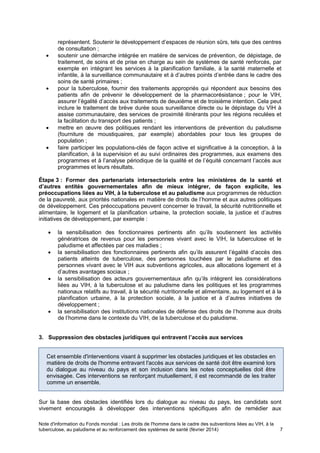 Note d'information du Fonds mondial : Les droits de l'homme dans le cadre des subventions liées au VIH, à la
tuberculose, au paludisme et au renforcement des systèmes de santé (février 2014) 7
représentent. Soutenir le développement d’espaces de réunion sûrs, tels que des centres
de consultation ;
soutenir une démarche intégrée en matière de services de prévention, de dépistage, de
traitement, de soins et de prise en charge au sein de systèmes de santé renforcés, par
exemple en intégrant les services à la planification familiale, à la santé maternelle et
infantile, à la surveillance communautaire et à d’autres points d’entrée dans le cadre des
soins de santé primaires ;
pour la tuberculose, fournir des traitements appropriés qui répondent aux besoins des
patients afin de prévenir le développement de la pharmacorésistance ; pour le VIH,
assurer l’égalité d’accès aux traitements de deuxième et de troisième intention. Cela peut
inclure le traitement de brève durée sous surveillance directe ou le dépistage du VIH à
assise communautaire, des services de proximité itinérants pour les régions reculées et
la facilitation du transport des patients ;
mettre en œuvre des politiques rendant les interventions de prévention du paludisme
(fourniture de moustiquaires, par exemple) abordables pour tous les groupes de
population ;
faire participer les populations-clés de façon active et significative à la conception, à la
planification, à la supervision et au suivi ordinaires des programmes, aux examens des
programmes et à l’analyse périodique de la qualité et de l’équité concernant l’accès aux
programmes et leurs résultats.
Étape 3 : Former des partenariats intersectoriels entre les ministères de la santé et
d’autres entités gouvernementales afin de mieux intégrer, de façon explicite, les
préoccupations liées au VIH, à la tuberculose et au paludisme aux programmes de réduction
de la pauvreté, aux priorités nationales en matière de droits de l’homme et aux autres politiques
de développement. Ces préoccupations peuvent concerner le travail, la sécurité nutritionnelle et
alimentaire, le logement et la planification urbaine, la protection sociale, la justice et d’autres
initiatives de développement, par exemple :
la sensibilisation des fonctionnaires pertinents afin qu’ils soutiennent les activités
génératrices de revenus pour les personnes vivant avec le VIH, la tuberculose et le
paludisme et affectées par ces maladies ;
la sensibilisation des fonctionnaires pertinents afin qu’ils assurent l’égalité d’accès des
patients atteints de tuberculose, des personnes touchées par le paludisme et des
personnes vivant avec le VIH aux subventions agricoles, aux allocations logement et à
d’autres avantages sociaux ;
la sensibilisation des acteurs gouvernementaux afin qu’ils intègrent les considérations
liées au VIH, à la tuberculose et au paludisme dans les politiques et les programmes
nationaux relatifs au travail, à la sécurité nutritionnelle et alimentaire, au logement et à la
planification urbaine, à la protection sociale, à la justice et à d’autres initiatives de
développement ;
la sensibilisation des institutions nationales de défense des droits de l’homme aux droits
de l’homme dans le contexte du VIH, de la tuberculose et du paludisme.
3. Suppression des obstacles juridiques qui entravent l’accès aux services
Sur la base des obstacles identifiés lors du dialogue au niveau du pays, les candidats sont
vivement encouragés à développer des interventions spécifiques afin de remédier aux
Cet ensemble d'interventions visant à supprimer les obstacles juridiques et les obstacles en
matière de droits de l'homme entravant l'accès aux services de santé doit être examiné lors
du dialogue au niveau du pays et son inclusion dans les notes conceptuelles doit être
envisagée. Ces interventions se renforçant mutuellement, il est recommandé de les traiter
comme un ensemble.