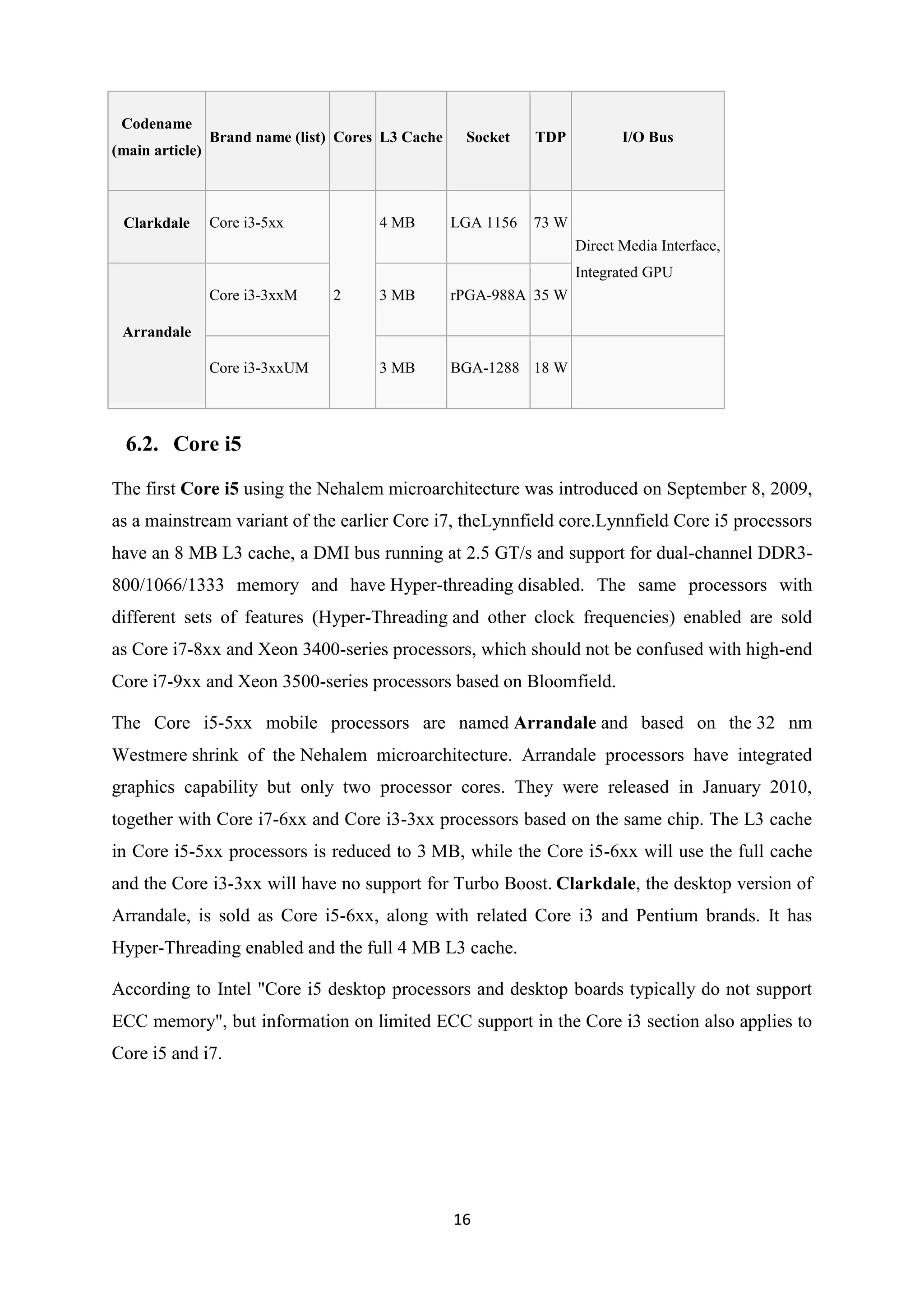 Codename
                 Brand name (list) Cores L3 Cache    Socket    TDP           I/O Bus
(main article)



 Clarkdale       Core i3-5xx            4 MB        LGA 1156   73 W
                                                                      Direct Media Interface,
                                                                      Integrated GPU
                 Core i3-3xxM    2      3 MB        rPGA-988A 35 W

 Arrandale

                 Core i3-3xxUM          3 MB        BGA-1288 18 W




  6.2. Core i5

The first Core i5 using the Nehalem microarchitecture was introduced on September 8, 2009,
as a mainstream variant of the earlier Core i7, theLynnfield core.Lynnfield Core i5 processors
have an 8 MB L3 cache, a DMI bus running at 2.5 GT/s and support for dual-channel DDR3-
800/1066/1333 memory and have Hyper-threading disabled. The same processors with
different sets of features (Hyper-Threading and other clock frequencies) enabled are sold
as Core i7-8xx and Xeon 3400-series processors, which should not be confused with high-end
Core i7-9xx and Xeon 3500-series processors based on Bloomfield.

The Core i5-5xx mobile processors are named Arrandale and based on the 32 nm
Westmere shrink of the Nehalem microarchitecture. Arrandale processors have integrated
graphics capability but only two processor cores. They were released in January 2010,
together with Core i7-6xx and Core i3-3xx processors based on the same chip. The L3 cache
in Core i5-5xx processors is reduced to 3 MB, while the Core i5-6xx will use the full cache
and the Core i3-3xx will have no support for Turbo Boost. Clarkdale, the desktop version of
Arrandale, is sold as Core i5-6xx, along with related Core i3 and Pentium brands. It has
Hyper-Threading enabled and the full 4 MB L3 cache.

According to Intel "Core i5 desktop processors and desktop boards typically do not support
ECC memory", but information on limited ECC support in the Core i3 section also applies to
Core i5 and i7.




                                                    16
 