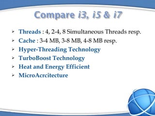    Threads : 4, 2-4, 8 Simultaneous Threads resp.
   Cache : 3-4 MB, 3-8 MB, 4-8 MB resp.
   Hyper-Threading Technology
   TurboBoost Technology
   Heat and Energy Efficient
   MicroAcrcitecture




                                                     27
 