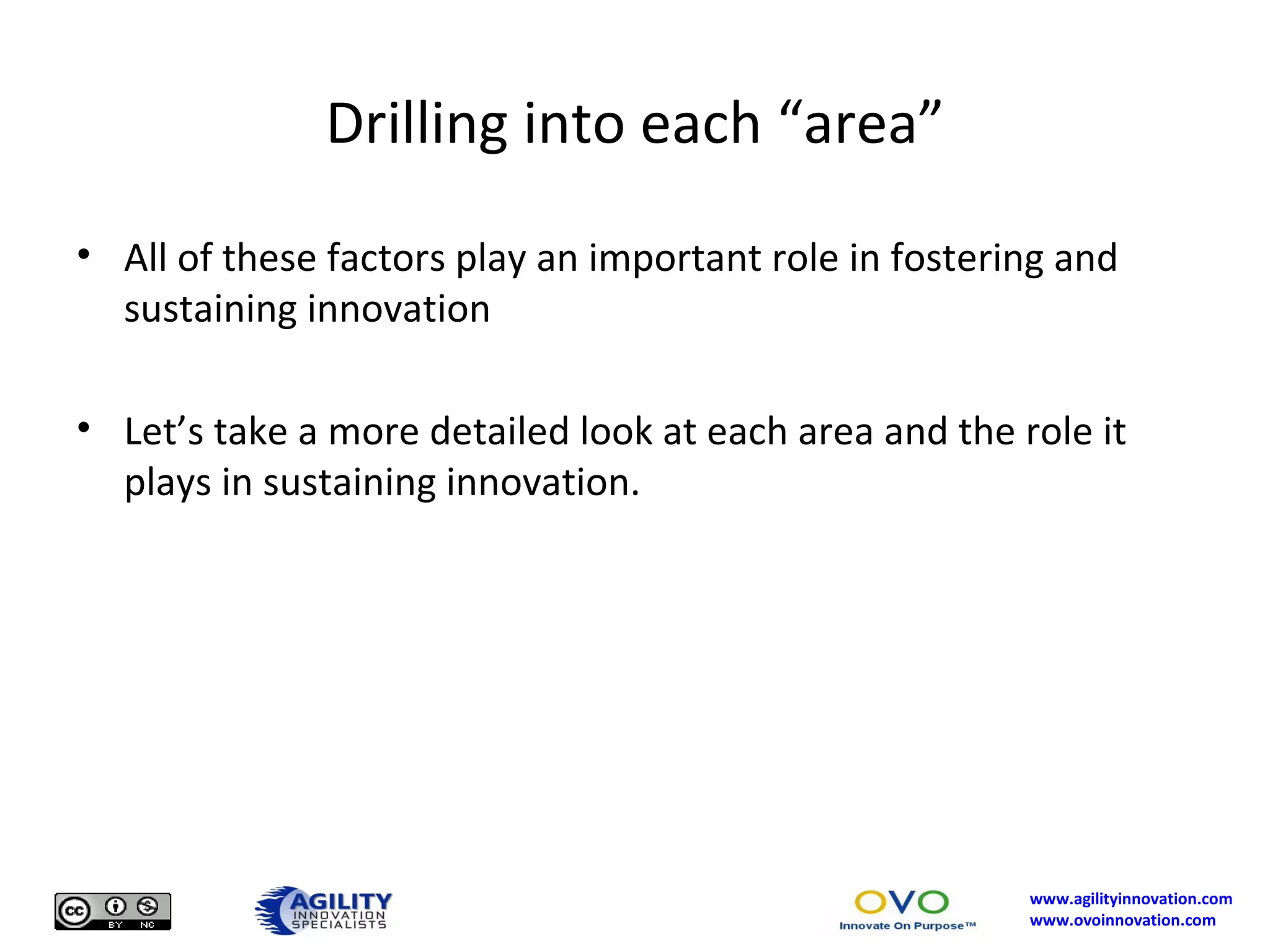 Drilling into each “area” All of these factors play an important role in fostering and sustaining innovation Let’s take a more detailed look at each area and the role it plays in sustaining innovation. 