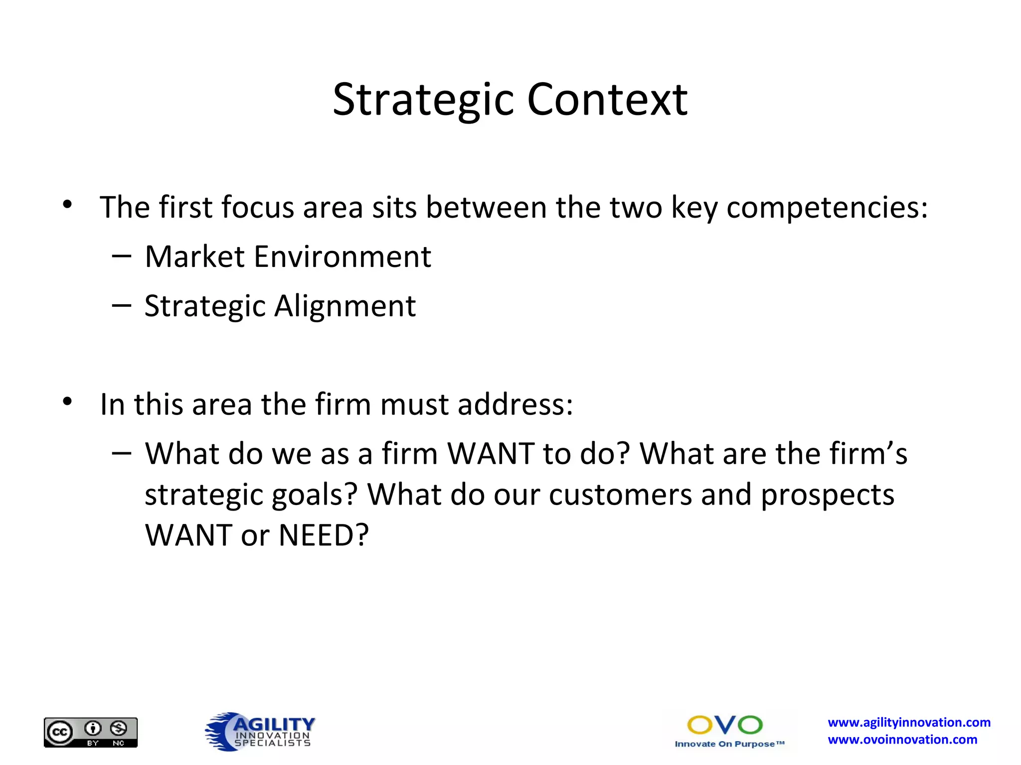 Strategic Context The first focus area sits between the two key competencies: Market Environment Strategic Alignment In this area the firm must address: What do we as a firm WANT to do? What are the firm’s strategic goals? What do our customers and prospects WANT or NEED? 
