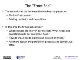 The “Front End” The second area sits between the two key competencies: Market Environment Existing portfolios and capabilities In this area the firm must consider: What changes are likely in our market?  What needs and expectations do our customers have?  How do those needs align to our existing offerings? Are there gaps in the portfolio of products and services we offer? 