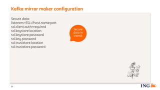 Secure data:
listeners=SSL://host.name:port
ssl.client.auth=required
ssl.keystore.location
ssl.keystore.password
ssl.key.password
ssl.truststore.location
ssl.truststore.password
Kafka mirror maker configuration
23
Secure
data in
transit
 