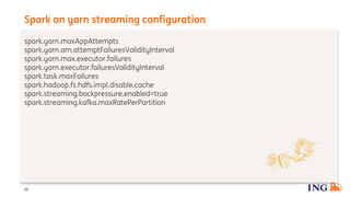 spark.yarn.maxAppAttempts
spark.yarn.am.attemptFailuresValidityInterval
spark.yarn.max.executor.failures
spark.yarn.executor.failuresValidityInterval
spark.task.maxFailures
spark.hadoop.fs.hdfs.impl.disable.cache
spark.streaming.backpressure.enabled=true
spark.streaming.kafka.maxRatePerPartition
Spark on yarn streaming configuration
25
 