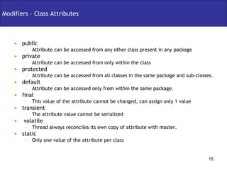 Modifiers – Class Attributes public  Attribute can be accessed from any other class present in any package private Attribute can be accessed from only within the class protected Attribute can be accessed from all classes in the same package and sub-classes. default Attribute can be accessed only from within the same package. final  This value of the attribute cannot be changed, can assign only 1 value transient The attribute value cannot be serialized volatile Thread always reconciles its own copy of attribute with master. static Only one value of the attribute per class 