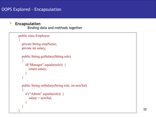 Encapsulation Binding data and methods together OOPS Explored - Encapsulation public class Employee { private String empName; private int salary; public String getSalary(String role) { if(“Manager”.equals(role))  { return salary; } } public String setSalary(String role, int newSal)  { if (“Admin”.equals(role))  { salary = newSal; } } } 