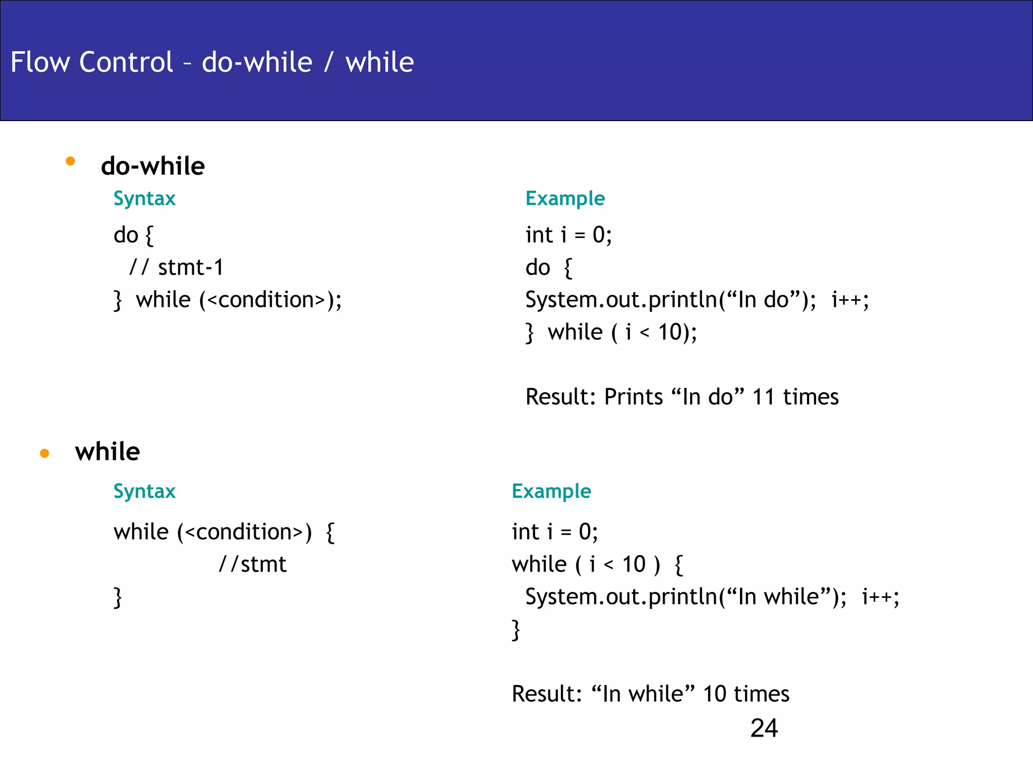 Flow Control – do-while / while


   • do-while
       Syntax                      Example
       do {                        int i = 0;
        // stmt-1                  do {
       } while (<condition>);      System.out.println(“In do”); i++;
                                   } while ( i < 10);

                                   Result: Prints “In do” 11 times

 • while
       Syntax                     Example

       while (<condition>) {      int i = 0;
                 //stmt           while ( i < 10 ) {
       }                            System.out.println(“In while”); i++;
                                  }

                                  Result: “In while” 10 times
                                                         24
 