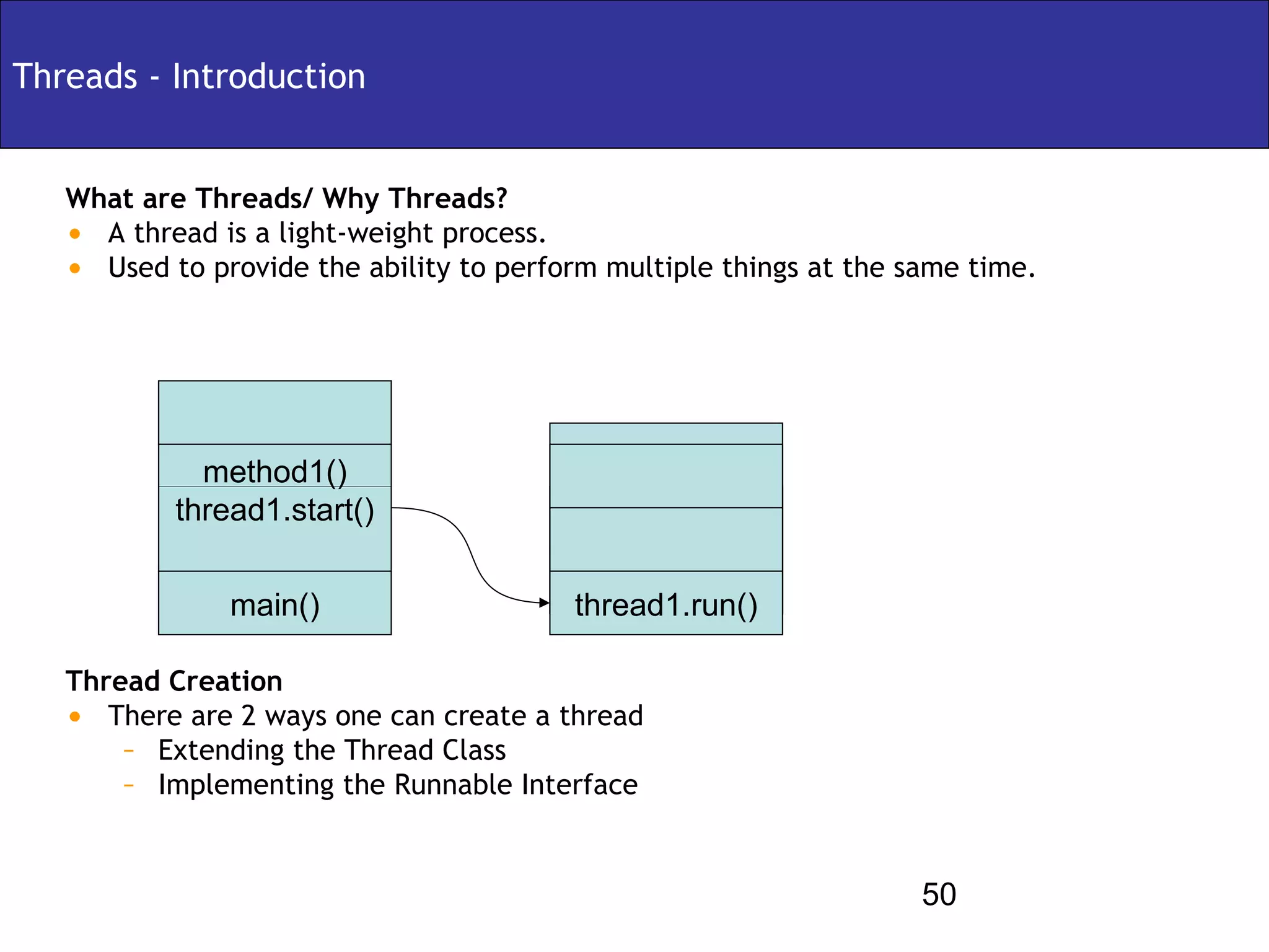 Threads - Introduction


   What are Threads/ Why Threads?
   • A thread is a light-weight process.
   • Used to provide the ability to perform multiple things at the same time.




             method1()
           thread1.start()


               main()                    thread1.run()

   Thread Creation
   • There are 2 ways one can create a thread
       – Extending the Thread Class
       – Implementing the Runnable Interface


                                                                    50
 