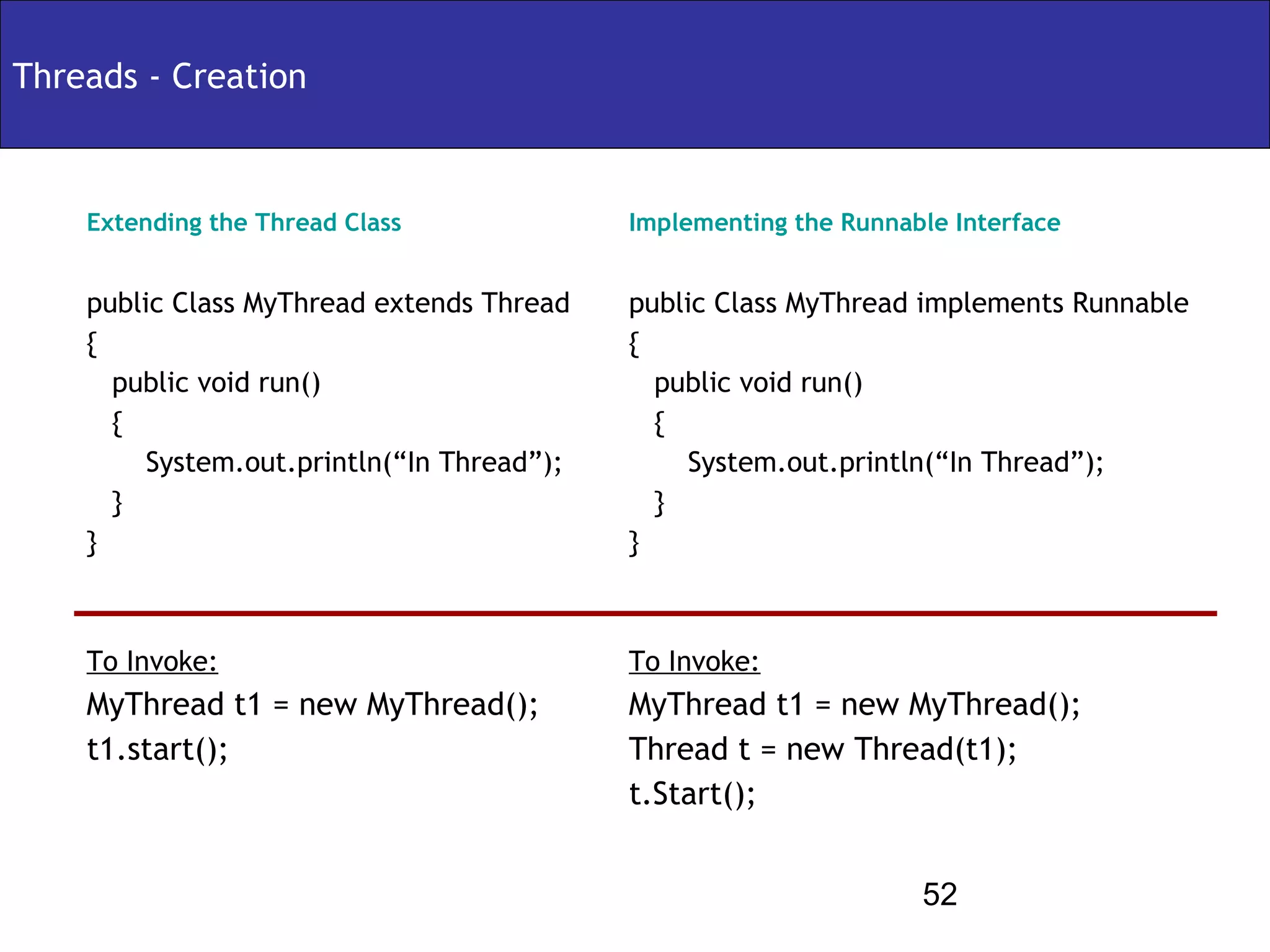 Threads - Creation



    Extending the Thread Class              Implementing the Runnable Interface


    public Class MyThread extends Thread    public Class MyThread implements Runnable
    {                                       {
      public void run()                       public void run()
      {                                       {
         System.out.println(“In Thread”);        System.out.println(“In Thread”);
      }                                       }
    }                                       }



    To Invoke:                              To Invoke:
    MyThread t1 = new MyThread();           MyThread t1 = new MyThread();
    t1.start();                             Thread t = new Thread(t1);
                                            t.Start();


                                                                   52
 