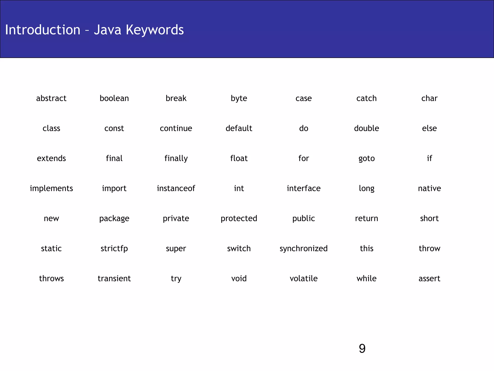 Introduction – Java Keywords



    abstract    boolean       break        byte         case        catch    char


      class      const      continue      default        do         double    else


     extends      final      finally       float         for         goto      if


   implements    import     instanceof      int       interface      long    native


      new       package      private     protected      public      return   short


     static     strictfp      super       switch     synchronized    this    throw


     throws     transient      try         void        volatile     while    assert




                                                                     9
 