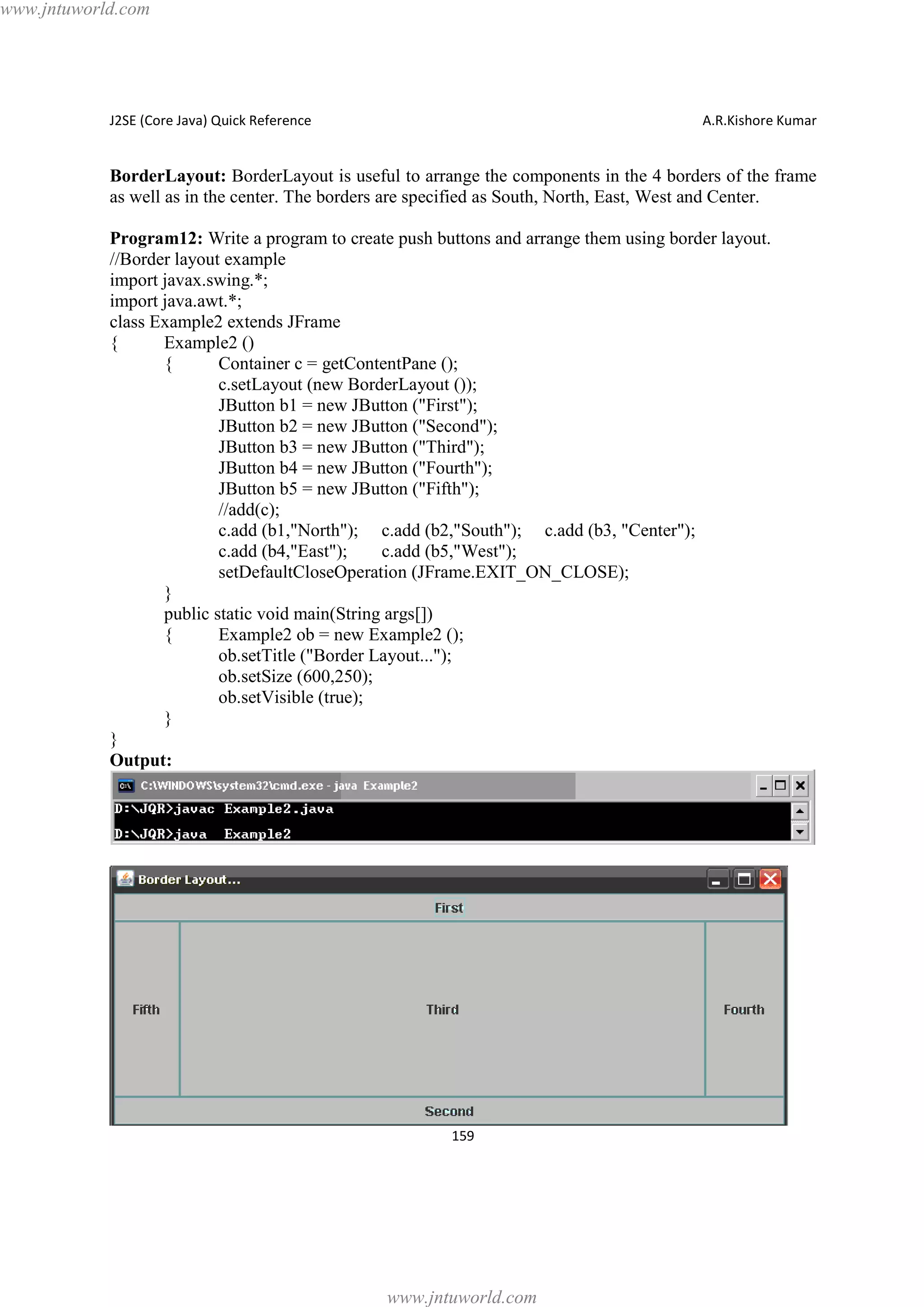 www.jntuworld.com

J2SE (Core Java) Quick Reference

A.R.Kishore Kumar

BorderLayout: BorderLayout is useful to arrange the components in the 4 borders of the frame
as well as in the center. The borders are specified as South, North, East, West and Center.
Program12: Write a program to create push buttons and arrange them using border layout.
//Border layout example
import javax.swing.*;
import java.awt.*;
class Example2 extends JFrame
{
Example2 ()
{
Container c = getContentPane ();
c.setLayout (new BorderLayout ());
JButton b1 = new JButton ("First");
JButton b2 = new JButton ("Second");
JButton b3 = new JButton ("Third");
JButton b4 = new JButton ("Fourth");
JButton b5 = new JButton ("Fifth");
//add(c);
c.add (b1,"North"); c.add (b2,"South"); c.add (b3, "Center");
c.add (b4,"East");
c.add (b5,"West");
setDefaultCloseOperation (JFrame.EXIT_ON_CLOSE);
}
public static void main(String args[])
{
Example2 ob = new Example2 ();
ob.setTitle ("Border Layout...");
ob.setSize (600,250);
ob.setVisible (true);
}
}
Output:

159

www.jntuworld.com

 