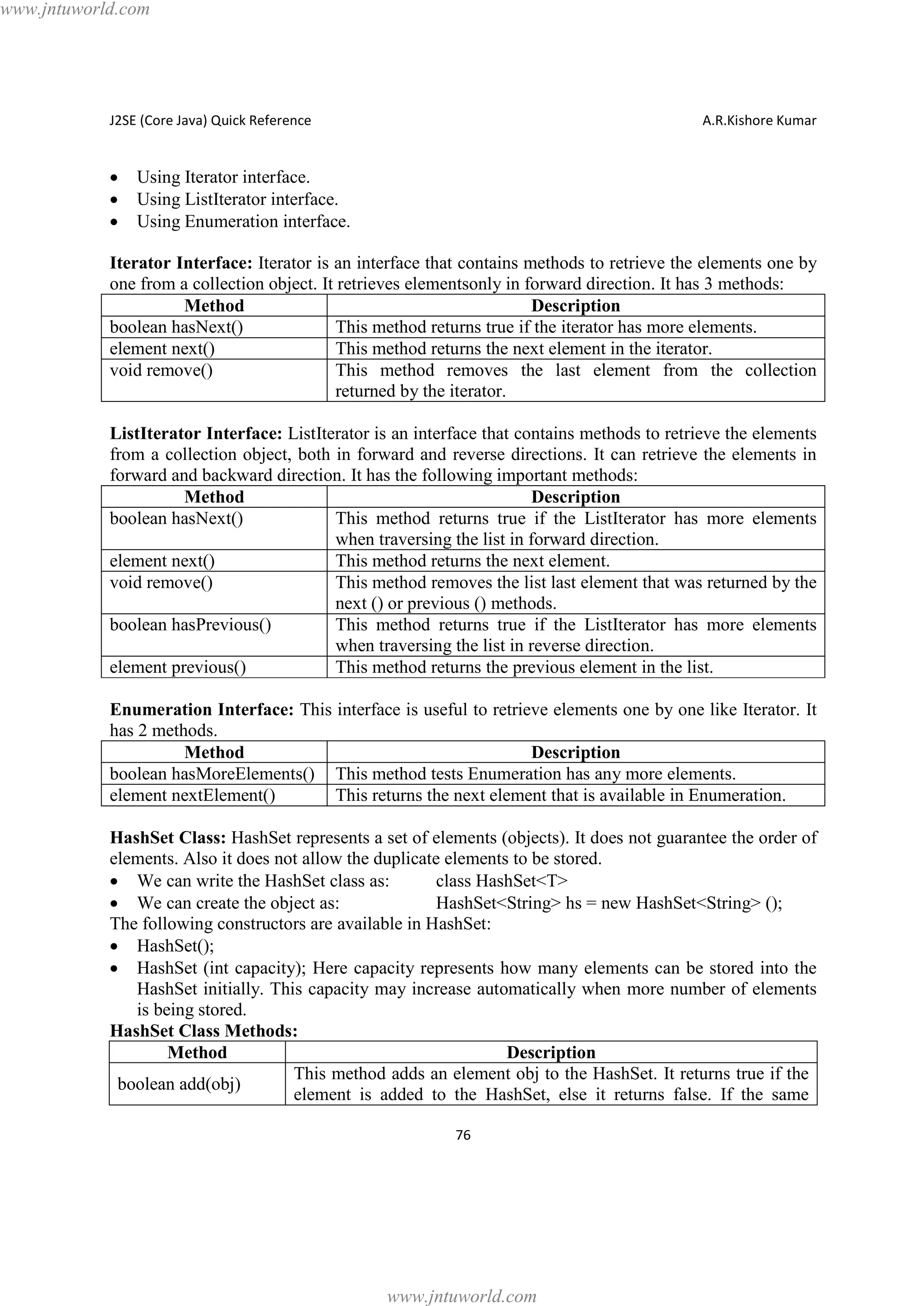 www.jntuworld.com

J2SE (Core Java) Quick Reference

·
·
·

A.R.Kishore Kumar

Using Iterator interface.
Using ListIterator interface.
Using Enumeration interface.

Iterator Interface: Iterator is an interface that contains methods to retrieve the elements one by
one from a collection object. It retrieves elementsonly in forward direction. It has 3 methods:
Method
Description
boolean hasNext()
This method returns true if the iterator has more elements.
element next()
This method returns the next element in the iterator.
void remove()
This method removes the last element from the collection
returned by the iterator.
ListIterator Interface: ListIterator is an interface that contains methods to retrieve the elements
from a collection object, both in forward and reverse directions. It can retrieve the elements in
forward and backward direction. It has the following important methods:
Method
Description
boolean hasNext()
This method returns true if the ListIterator has more elements
when traversing the list in forward direction.
element next()
This method returns the next element.
void remove()
This method removes the list last element that was returned by the
next () or previous () methods.
boolean hasPrevious()
This method returns true if the ListIterator has more elements
when traversing the list in reverse direction.
element previous()
This method returns the previous element in the list.
Enumeration Interface: This interface is useful to retrieve elements one by one like Iterator. It
has 2 methods.
Method
Description
boolean hasMoreElements() This method tests Enumeration has any more elements.
element nextElement()
This returns the next element that is available in Enumeration.
HashSet Class: HashSet represents a set of elements (objects). It does not guarantee the order of
elements. Also it does not allow the duplicate elements to be stored.
· We can write the HashSet class as:
class HashSet<T>
· We can create the object as:
HashSet<String> hs = new HashSet<String> ();
The following constructors are available in HashSet:
· HashSet();
· HashSet (int capacity); Here capacity represents how many elements can be stored into the
HashSet initially. This capacity may increase automatically when more number of elements
is being stored.
HashSet Class Methods:
Method
Description
This method adds an element obj to the HashSet. It returns true if the
boolean add(obj)
element is added to the HashSet, else it returns false. If the same
76

www.jntuworld.com

 