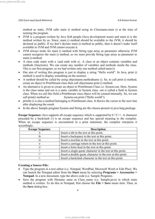 www.jntuworld.com

J2SE (Core Java) Quick Reference

·

·
·
·
·
·

·
·

A.R.Kishore Kumar

method as static. JVM calls main () method using its Classname.main () at the time of
running the program.
JVM is a program written by Java Soft people (Java development team) and main () is the
method written by us. Since, main () method should be available to the JVM, it should be
declared as public. If we don’t declare main () method as public, then it doesn’t make itself
available to JVM and JVM cannot execute it.
JVM always looks for main () method with String type array as parameter otherwise JVM
cannot recognize the main () method, so we must provide String type array as parameter to
main () method.
A class code starts with a {and ends with a}. A class or an object contains variables and
methods (functions). We can create any number of variables and methods inside the class.
This is our first program, so we had written only one method called main ().
Our aim of writing this program is just to display a string “Hello world”. In Java, print ()
method is used to display something on the monitor.
A method should be called by using objectname.methodname (). So, to call print () method,
create an object to PrintStream class then call objectname.print () method.
An alternative is given to create an object to PrintStream Class i.e. System.out. Here, System
is the class name and out is a static variable in System class. out is called a field in System
class. When we call this field a PrintStream class object will be created internally. So, we can
call print() method as:
System.out.print (“Hello world”);
println () is also a method belonging to PrintStream class. It throws the cursor to the next line
after displaying the result.
In the above Sample program System and String are the classes present in java.lang package.

Escape Sequence: Java supports all escape sequence which is supported by C/ C++. A character
preceded by a backslash () is an escape sequence and has special meaning to the compiler.
When an escape sequence is encountered in a print statement, the compiler interprets it
accordingly.
Escape Sequence
Description
t
Insert a tab in the text at this point.
b
Insert a backspace in the text at this point.
n
Insert a newline in the text at this point.
r
Insert a carriage return in the text at this point.
f
Insert a form feed in the text at this point.
'
Insert a single quote character in the text at this point.
"
Insert a double quote character in the text at this point.

Insert a backslash character in the text at this point.
Creating a Source File:
· Type the program in a text editor (i.e. Notepad, WordPad, Microsoft Word or Edit Plus). We
can launch the Notepad editor from the Start menu by selecting Programs > Accessories >
Notepad. In a new document, type the above code (i.e. Sample Program).
· Save the program with filename same as Class_name (i.e. Sample.java) in which main
method is written. To do this in Notepad, first choose the File > Save menu item. Then, in
the Save dialog box:
4

www.jntuworld.com

 