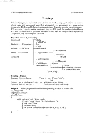 www.jntuworld.com

J2SE (Core Java) Quick Reference

A.R.Kishore Kumar

22. Swings
When awt components are created, internally native methods (c language functions) are executed
which create peer component (equivalent component). awt components are heavy weight
components. The look and feel of awt component change depending upon the operating system.
JFC represents a class library that is extended from awt. JFC stands for Java Foundation Classes.
JFC is an extension of the original awt, it does not replace awt. JFC components are light weight
components, they take less system resources.
Important classes of javax.swing:
Component
JLabel
JTabbedPane
Container
JComponent
JList
JTable
Window
JWindow
JComboBox
JRadioButton
Frame

JFrame

JToggleButton
JCheckBox
JTextField

(java.awt)
JTextComponent

JTextArea
JTableHeader
AbstractButton

JButton

JMenu
JRadioButtonMenuItem
JCheckBoxMenuItem
<------------------------------------------javax.swing------------------------------------->
JMenuItem

Creating a Frame:
Create an object to JFrame:

JFrame ob = new JFrame ("title");
(or)
Create a class as subclass to JFrame class: MyFrame extends JFrame
Create an object to that class :
MyFrame ob = new MyFrame ();
Program 1: Write a program to create a frame by creating an object to JFrame class.
//A swing Frame
import javax.swing.*;
class MyFrame
{
public static void main (String agrs[])
{
JFrame jf = new JFrame ("My Swing Frame...");
jf.setSize (400,200);
jf.setVisible (true);
jf.setDefaultCloseOperation (JFrame.EXIT_ON_CLOSE);
}
}
141

www.jntuworld.com

 