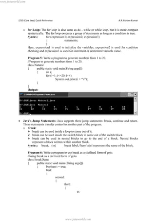 www.jntuworld.com

J2SE (Core Java) Quick Reference

A.R.Kishore Kumar

o for Loop: The for loop is also same as do…while or while loop, but it is more compact
syntactically. The for loop executes a group of statements as long as a condition is true.
Syntax:
for (expression1; expression2; expression3)
{
statements;
}
Here, expression1 is used to initialize the variables, expression2 is used for condition
checking and expression3 is used for increment or decrement variable value.
Program 5: Write a program to generate numbers from 1 to 20.
//Program to generate numbers from 1 to 20.
class Natural
{
public static void main(String args[])
{
int i;
for (i=1; i<=20; i++)
System.out.print (i + “t”);
}
}
Output:

·

Java’s Jump Statements: Java supports three jump statements: break, continue and return.
These statements transfer control to another part of the program.
o break:
Ø break can be used inside a loop to come out of it.
Ø break can be used inside the switch block to come out of the switch block.
Ø break can be used in nested blocks to go to the end of a block. Nested blocks
represent a block written within another block.
Syntax: break; (or)
break label;//here label represents the name of the block.
Program 6: Write a program to use break as a civilized form of goto.
//using break as a civilized form of goto
class BreakDemo
{
public static void main (String args[])
{
boolean t = true;
first:
{
second:
{
third:
{
15

www.jntuworld.com

 