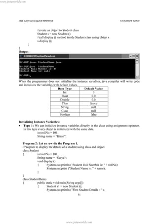 www.jntuworld.com

J2SE (Core Java) Quick Reference

A.R.Kishore Kumar

//create an object to Student class
Student s = new Student ();
//call display () method inside Student class using object s
s.display ();
}
}
Output:

When the programmer does not initialize the instance variables, java compiler will write code
and initializes the variables with default values.
Data Type
Default Value
Int
0
Float
0.0
Double
0.0
Char
Space
String
null
Class
null
Boolean
false
Initializing Instance Variables:
· Type 1: We can initialize instance variables directly in the class using assignment operator.
In this type every object is initialized with the same data.
int rollNo = 101;
String name = “Kiran”;
Program 2: Let us rewrite the Program 1.
//Program to display the details of a student using class and object
class Student
{
int rollNo = 101;
String name = “Surya“;
void display ()
{
System.out.println ("Student Roll Number is: " + rollNo);
System.out.print ("Student Name is: " + name);
}
}
class StudentDemo
{
public static void main(String args[])
{
Student s1 = new Student ();
System.out.println ("First Student Details : " );
31

www.jntuworld.com

 