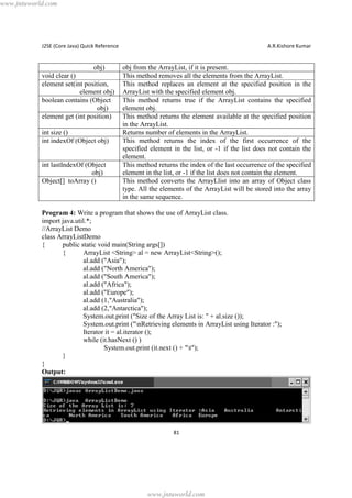 www.jntuworld.com

J2SE (Core Java) Quick Reference

obj)
void clear ()
element set(int position,
element obj)
boolean contains (Object
obj)
element get (int position)
int size ()
int indexOf (Object obj)

int lastIndexOf (Object
obj)
Object[] toArray ()

A.R.Kishore Kumar

obj from the ArrayList, if it is present.
This method removes all the elements from the ArrayList.
This method replaces an element at the specified position in the
ArrayList with the specified element obj.
This method returns true if the ArrayList contains the specified
element obj.
This method returns the element available at the specified position
in the ArrayList.
Returns number of elements in the ArrayList.
This method returns the index of the first occurrence of the
specified element in the list, or -1 if the list does not contain the
element.
This method returns the index of the last occurrence of the specified
element in the list, or -1 if the list does not contain the element.
This method converts the ArrayLlist into an array of Object class
type. All the elements of the ArrayList will be stored into the array
in the same sequence.

Program 4: Write a program that shows the use of ArrayList class.
import java.util.*;
//ArrayList Demo
class ArrayListDemo
{
public static void main(String args[])
{
ArrayList <String> al = new ArrayList<String>();
al.add ("Asia");
al.add ("North America");
al.add ("South America");
al.add ("Africa");
al.add ("Europe");
al.add (1,"Australia");
al.add (2,"Antarctica");
System.out.print ("Size of the Array List is: " + al.size ());
System.out.print ("nRetrieving elements in ArrayList using Iterator :");
Iterator it = al.iterator ();
while (it.hasNext () )
System.out.print (it.next () + "t");
}
}
Output:

81

www.jntuworld.com

 
