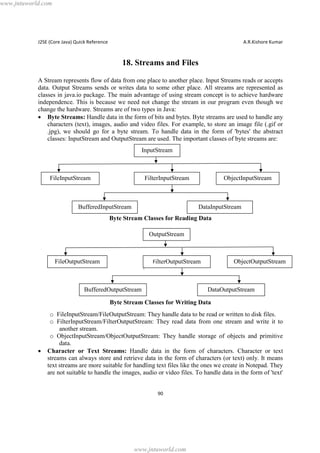 www.jntuworld.com

J2SE (Core Java) Quick Reference

A.R.Kishore Kumar

18. Streams and Files
A Stream represents flow of data from one place to another place. Input Streams reads or accepts
data. Output Streams sends or writes data to some other place. All streams are represented as
classes in java.io package. The main advantage of using stream concept is to achieve hardware
independence. This is because we need not change the stream in our program even though we
change the hardware. Streams are of two types in Java:
· Byte Streams: Handle data in the form of bits and bytes. Byte streams are used to handle any
characters (text), images, audio and video files. For example, to store an image file (.gif or
.jpg), we should go for a byte stream. To handle data in the form of 'bytes' the abstract
classes: InputStream and OutputStream are used. The important classes of byte streams are:
InputStream

FileInputStream

FilterInputStream

BufferedInputStream

ObjectInputStream

DataInputStream

Byte Stream Classes for Reading Data
OutputStream

FileOutputStream

|

FilterOutputStream

BufferedOutputStream

ObjectOutputStream

DataOutputStream

Byte Stream Classes for Writing Data

·

o FileInputStream/FileOutputStream: They handle data to be read or written to disk files.
o FilterInputStream/FilterOutputStream: They read data from one stream and write it to
another stream.
o ObjectInputStream/ObjectOutputStream: They handle storage of objects and primitive
data.
Character or Text Streams: Handle data in the form of characters. Character or text
streams can always store and retrieve data in the form of characters (or text) only. It means
text streams are more suitable for handling text files like the ones we create in Notepad. They
are not suitable to handle the images, audio or video files. To handle data in the form of 'text'
90

www.jntuworld.com

 