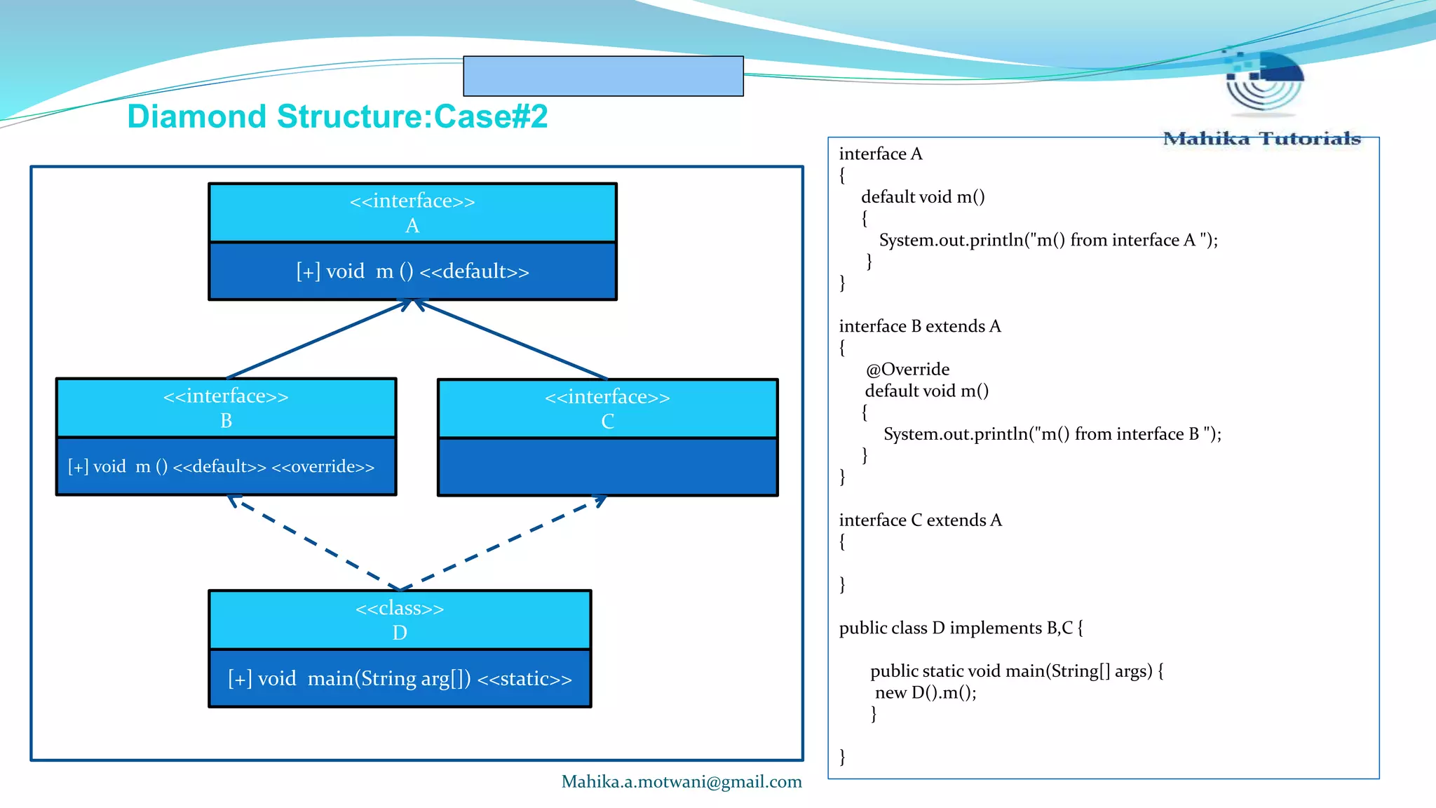Mahika.a.motwani@gmail.com Diamond Structure:Case#2 [+] void m () <<default>> <<interface>> A [+] void m () <<default>> <<override>> <<interface>> B <<interface>> C [+] void main(String arg[]) <<static>> <<class>> D interface A { default void m() { System.out.println("m() from interface A "); } } interface B extends A { @Override default void m() { System.out.println("m() from interface B "); } } interface C extends A { } public class D implements B,C { public static void main(String[] args) { new D().m(); } } 