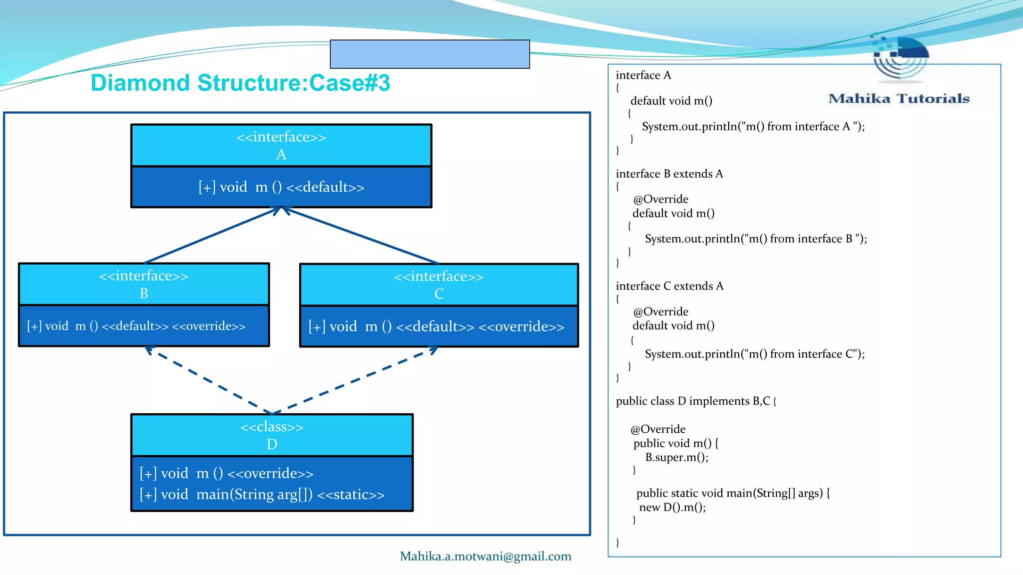 Mahika.a.motwani@gmail.com Diamond Structure:Case#3 [+] void m () <<default>> <<interface>> A [+] void m () <<default>> <<override>> <<interface>> B [+] void m () <<default>> <<override>> <<interface>> C [+] void m () <<override>> [+] void main(String arg[]) <<static>> <<class>> D interface A { default void m() { System.out.println("m() from interface A "); } } interface B extends A { @Override default void m() { System.out.println("m() from interface B "); } } interface C extends A { @Override default void m() { System.out.println("m() from interface C"); } } public class D implements B,C { @Override public void m() { B.super.m(); } public static void main(String[] args) { new D().m(); } } 