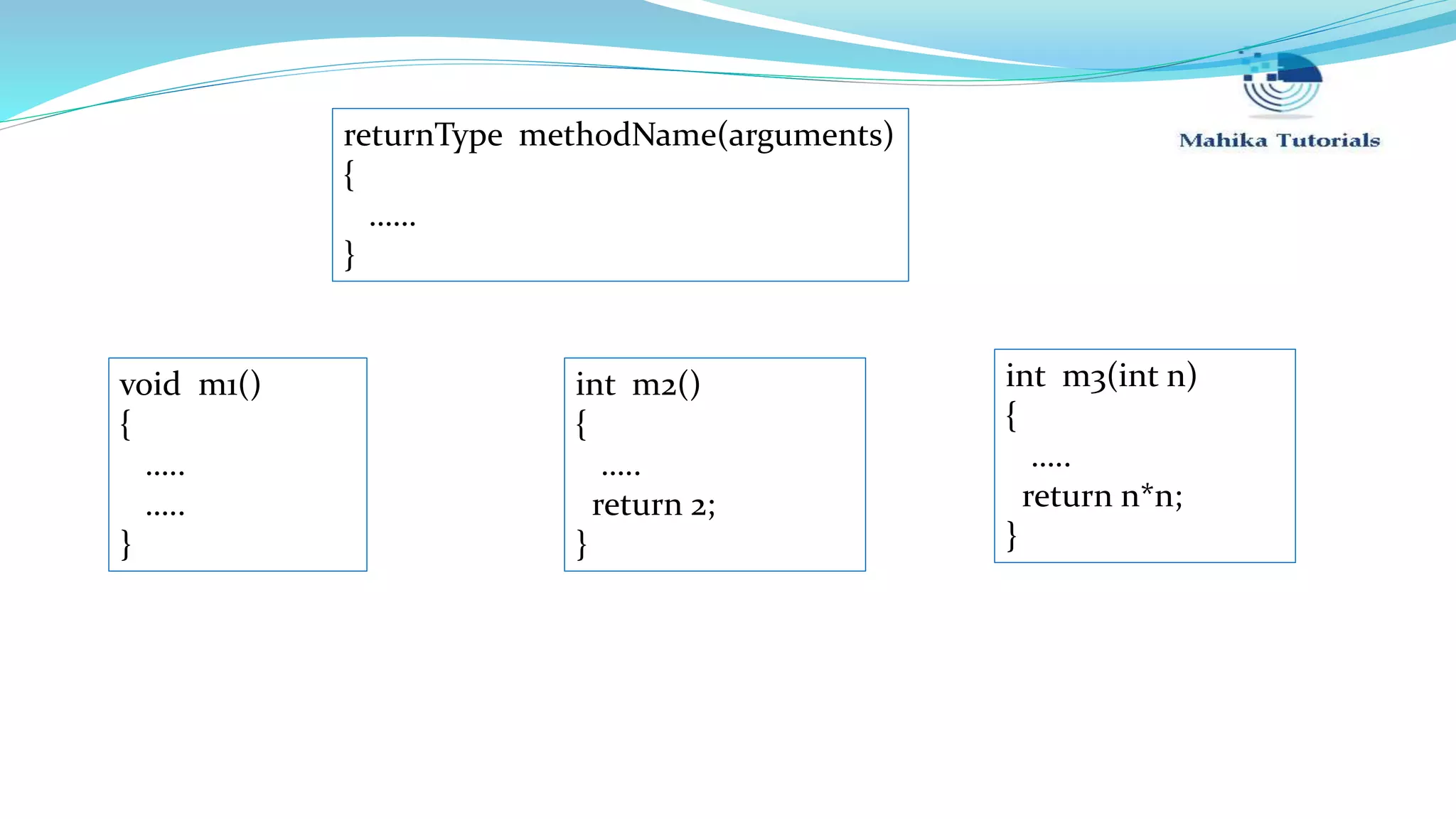 returnType methodName(arguments) { …… } void m1() { ….. ….. } int m2() { ….. return 2; } int m3(int n) { ….. return n*n; } 