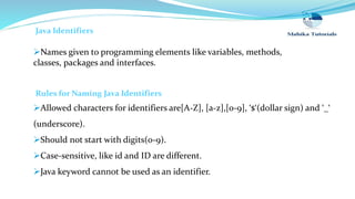 Rules for Naming Java Identifiers
Allowed characters for identifiers are[A-Z], [a-z],[0-9], ‘$‘(dollar sign) and ‘_‘
(underscore).
Should not start with digits(0-9).
Case-sensitive, like id and ID are different.
Java keyword cannot be used as an identifier.
Java Identifiers
Names given to programming elements like variables, methods,
classes, packages and interfaces.
 