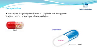 Encapsulation
Binding (or wrapping) code and data together into a single unit.
A java class is the example of encapsulation.
 