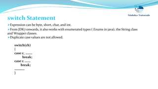 switch Statement
Expression can be byte, short, char, and int.
From JDK7 onwards, it also works with enumerated types ( Enums in java), the String class
and Wrapper classes.
Duplicate case values are not allowed.
switch(ch)
{
case 1: .......
break;
case 1: ......
break;
…………
}
 