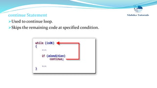 continue Statement
Used to continue loop.
Skips the remaining code at specified condition.
 